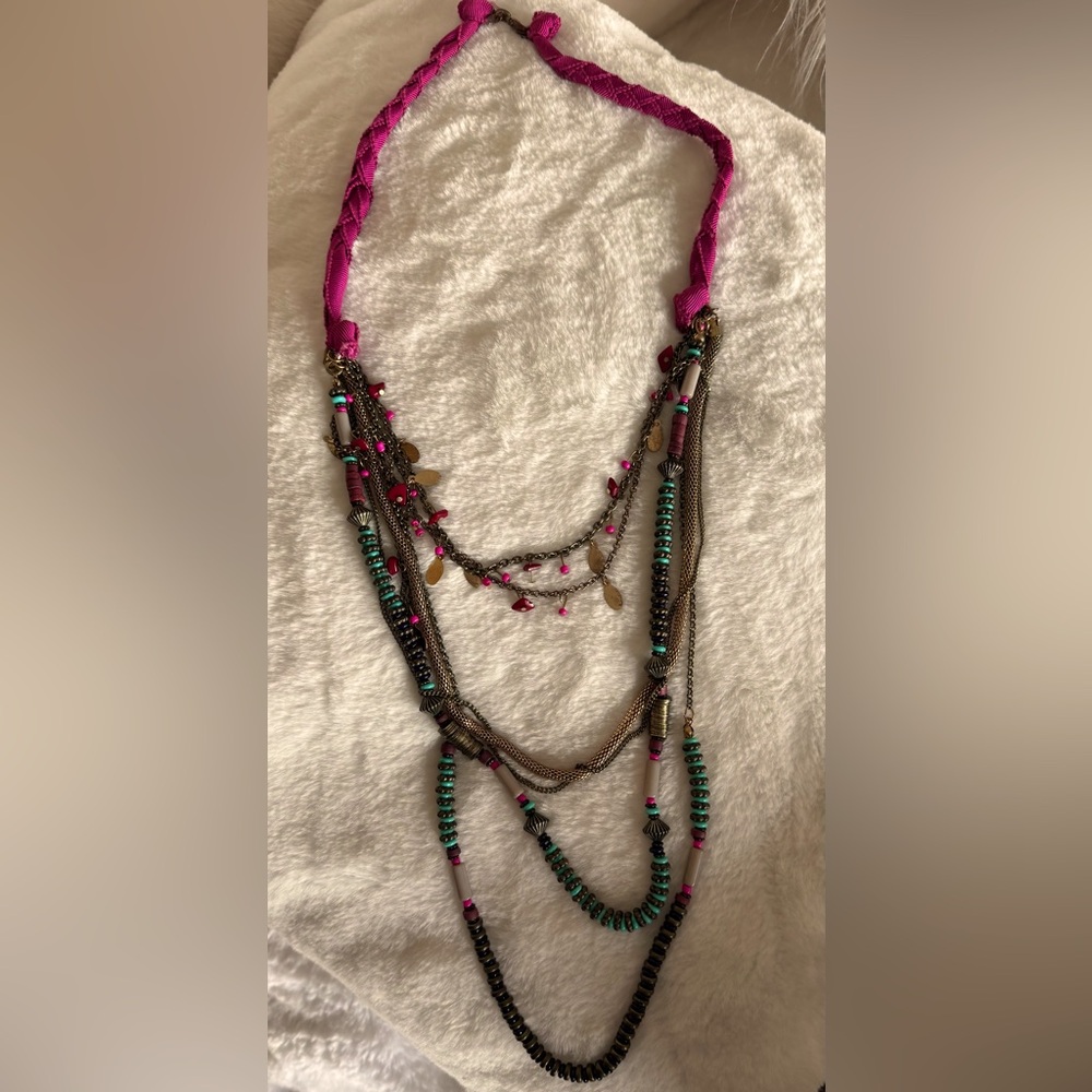 Free People Multicolor pink/turquoise long Beaded Necklace